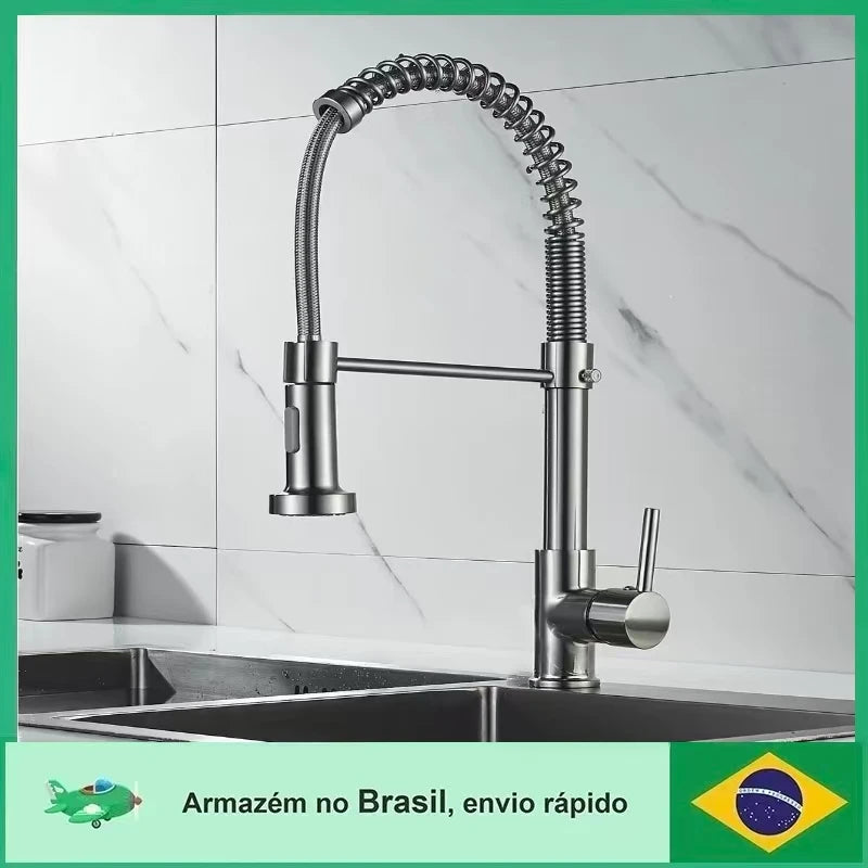 Torneira de cozinha gourmet Monocommand, chuveiro extraível com jato duplo, acabamento premium em preto e prata