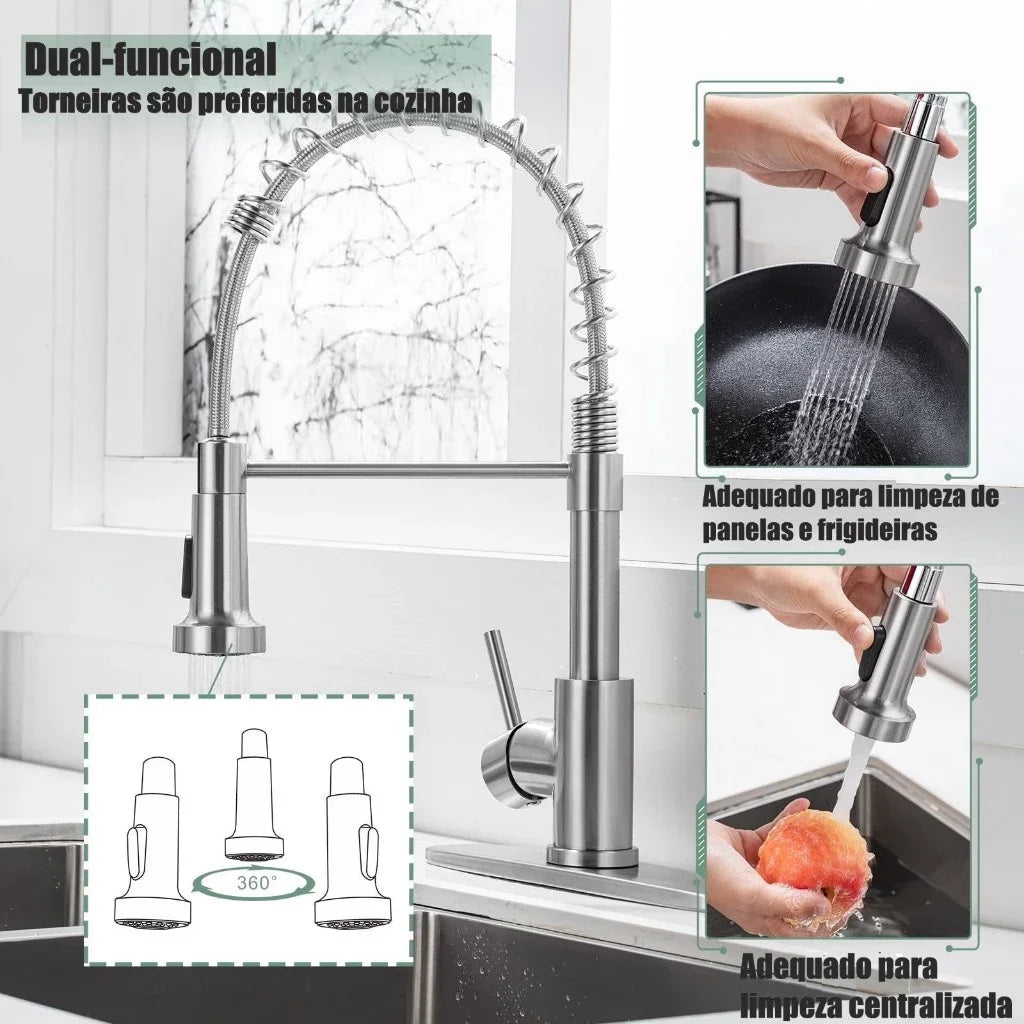 Torneira de cozinha gourmet Monocommand, chuveiro extraível com jato duplo, acabamento premium em preto e prata